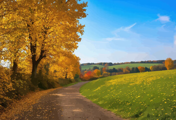 Naklejka premium Autumnal Country Road Surrounded by Vibrant Trees and Fields