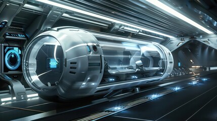 Obraz premium Hightech digital transport pod in a sleek space station with room for copy