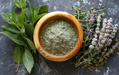 A wooden bowl filled with a green herbal mixture, surrounded by fresh mint leaves and lavender flowers on a dark background.