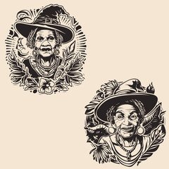 An elderly African-American woman wearing a witch's hat. Vector sketch for Halloween holiday
