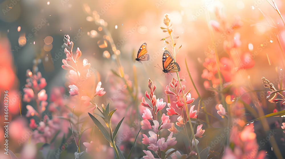Poster wild pink flowers bathed in sunlight in field and two fluttering butterfly on nature outdoors soft s