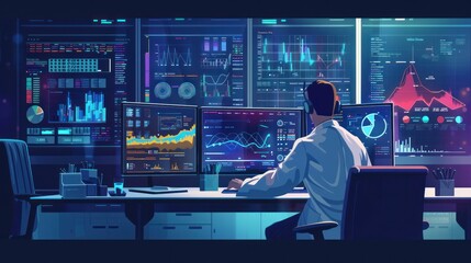 Illustration depicting data science and big data technology Shows a scientist computing analyzing and visualizing complex data sets on a computer Includes concepts like data mining
