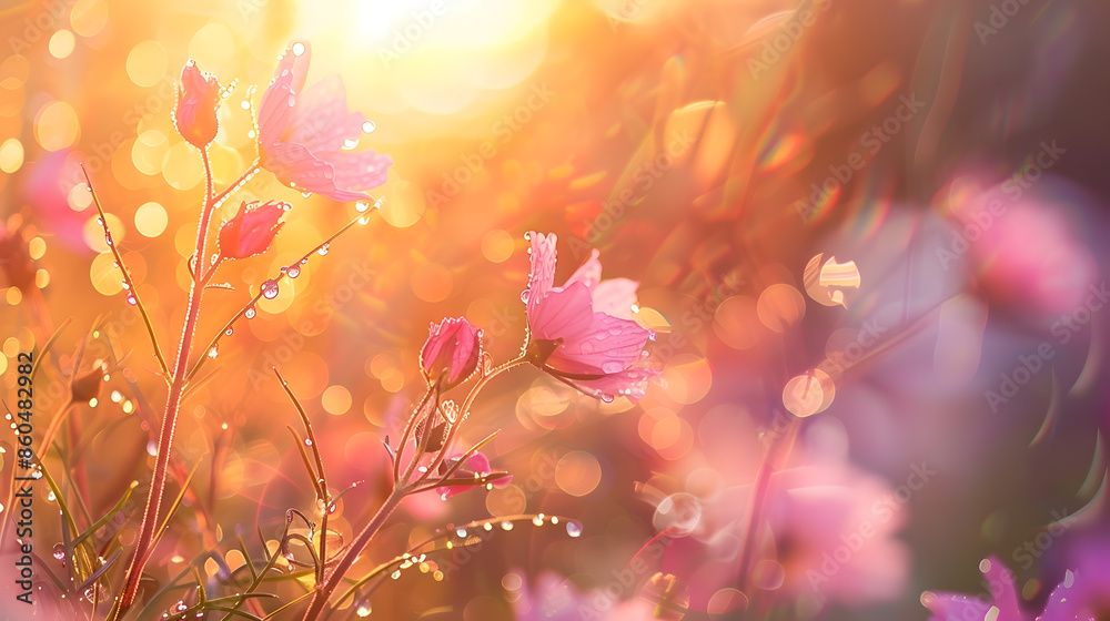 Aufkleber morning summer or spring beautiful wildflowers with dew drops at dawn light blur selective focus sha