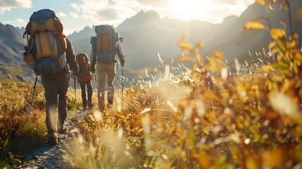 Adventure ideas for hiking trails with friends. Three hikers with backpacks, backpacks full of snacks and water bottles on scenic mountain path with golden foliage. National Mountain Climbing Day