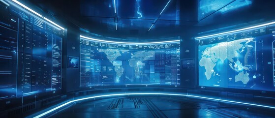 Hightech underwater research lab with holographic projections of sea maps and clear space for text