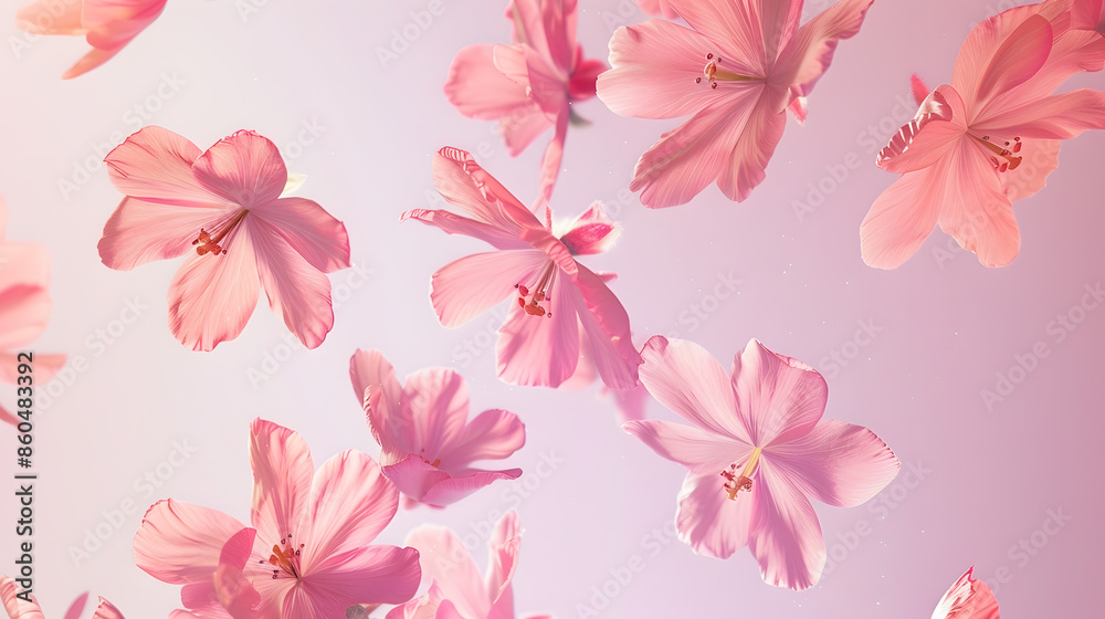 Poster a beautiful image of sping pink flowers flying in the air on the pastel pink background levitation c