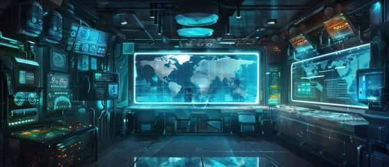 Obraz premium Hightech underwater research lab with holographic projections of sea maps and clear space for text