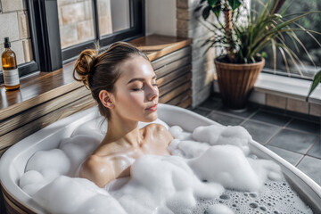 Naklejka premium Young woman enjoying bathtub with foam in sun rays. Selective focus.