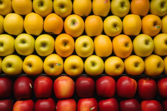 Assorted fresh apples displayed tidily in grocery store