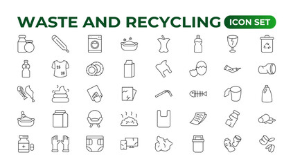Set of Waste and Recycling line icons. Garbage, Trash, separation, and waste recycling Linear icon collection.