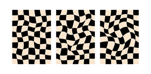 Obraz premium Set of abstract wavy checkered backgrounds. Vector distorted cage posters. Y2k design templates