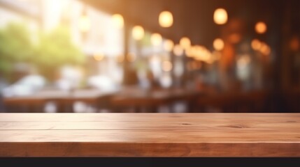 Blurred coffee shop and restaurant interior background with empty wooden table. Use for products display or montage.