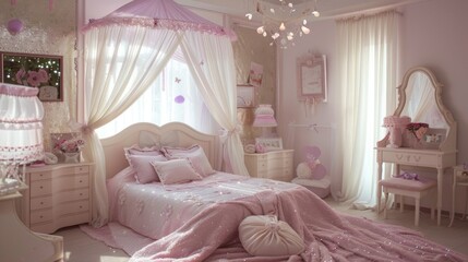 A girl's bedroom decorated with a princess theme, complete with a canopy bed and sparkly decor