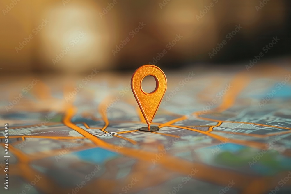 Leinwandbilder a close-up of a bright orange location pin placed on a detailed city map. the background is blurred,