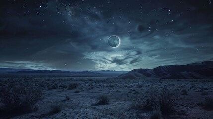 Night Sky Over Desert Landscape with a Partial Lunar Eclipse