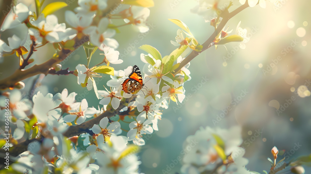 Poster Blossom tree over nature background with butterfly Spring flowers Spring background Blurred concept : Generative AI