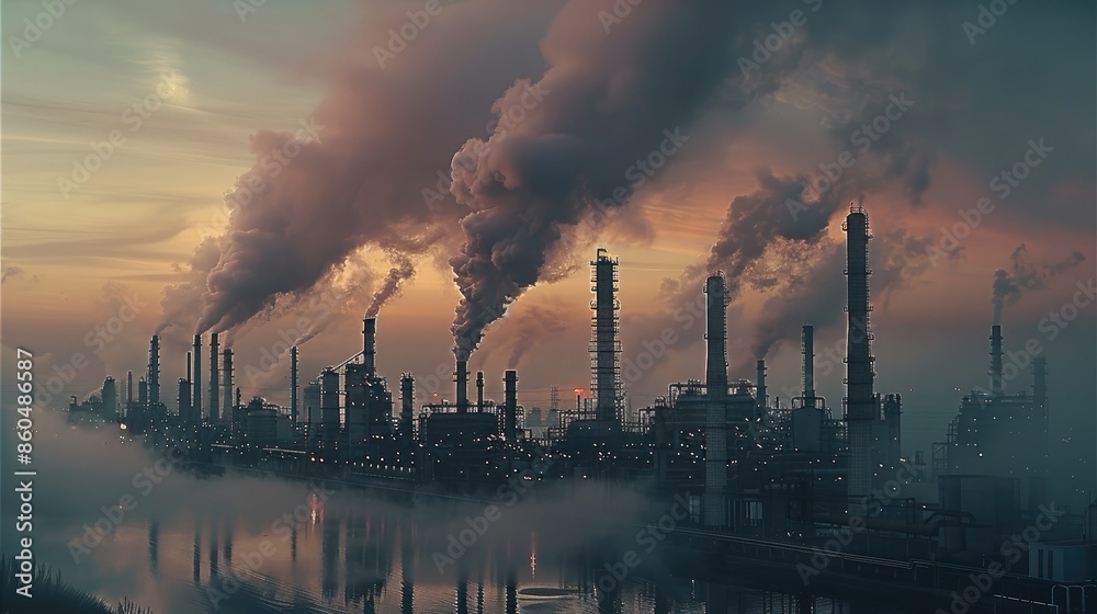 Poster industries with very high energy consumption with smoke or fog. generative ai.
