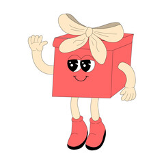Christmas and Happy New Year groovy gift box character isolated. Winter holidays mascot. Retro hippie character in 60s, 70, y2k style with funny groovy xmas elements.