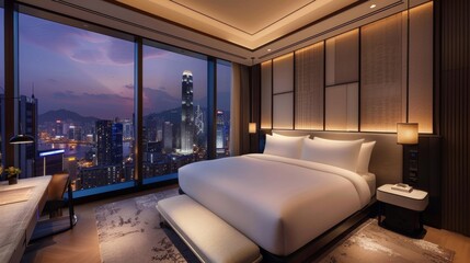 A hotel room with a king-size bed and panoramic city views from the window