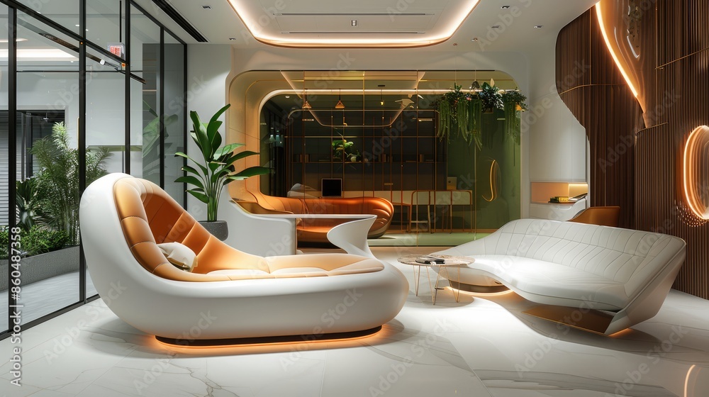 Poster in the near future, a proposal for innovative system furniture by an it company. generative ai.