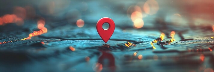 A minimalistic and sleek image featuring a red location pin on a modern, teal and orange map background, ideal for navigation apps and travel services. Generative AI