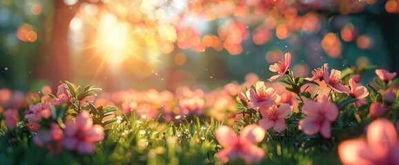 Fototapeta premium Sunny Spring Landscape Idyll In A Park With Flowering Trees And Bright Blurred Bokeh, Creating A Cheerful And Vibrant Scene