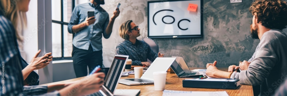 Wall mural a group of colleagues gather around a conference table in a contemporary office, engaged in a produc