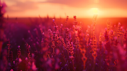 Blooming lavender field under the red colors of the summer sunset : Generative AI