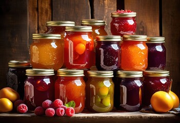 rustic jars filled homemade jam preserving fruit flavors, mason, conserve, canning, organic, spread, fruity, preserve, preserves, traditional, artisanal