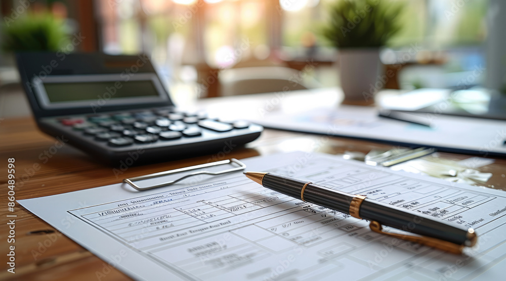 Aufkleber A desk with an invoice form, a pen resting on top, ready to be filled out with details of a pending service transaction. A calculator and folders sit nearby. Generative AI.