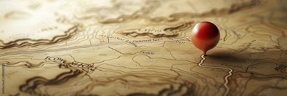 Poster a minimalist image of a red location pin on a topographic map. the map features a winding road and a
