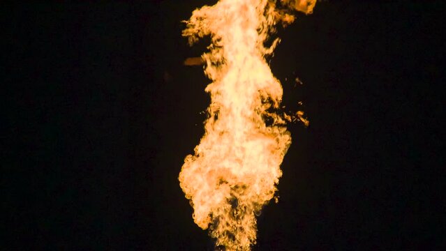 Blazing Fire Stream in the Dark. A powerful pillar of bright flame with swirling fiery tongues in the air on a black background. Slow Motion