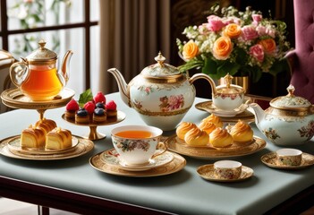 elegant tea sets paired delicate pastries charming afternoon indulgence, pastry, refined, dainty, cakes, desserts, sophisticated, sweet, treats, fancy