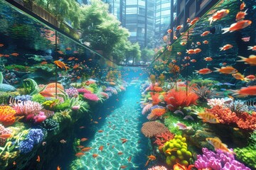 Colorful underwater aquarium with vibrant coral and fish in a glass tunnel through a cityscape,...