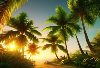 sunset glow through palm tropical nature scene warm light filtering through green leaves, frond, leaf, tree, branch, foliage, plant, background, sky, orange