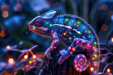 A chameleon made of beads, sitting on top of an old tree stump in the garden at night, colorful lights glowing from behind, depth of field, bokeh effect. Generative AI.