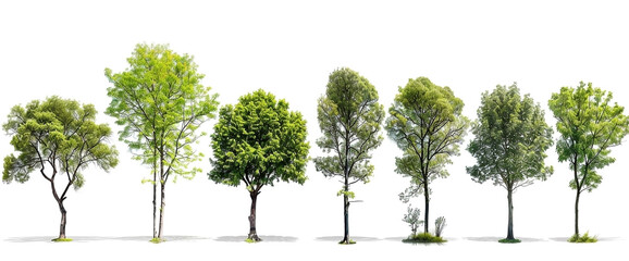 Set of different green trees isolated on white background