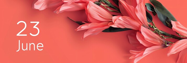 23 June Date Text with Coral Pink Fabric Flowers on Vibrant Background