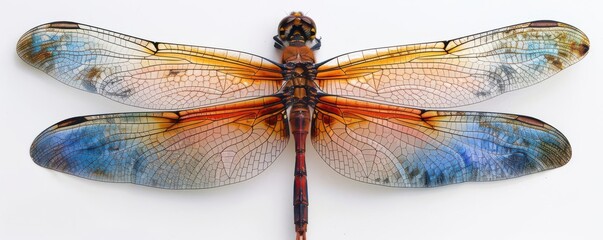 A vibrant image of an adult dragonflys wings in detail, isolated on white background with copy space