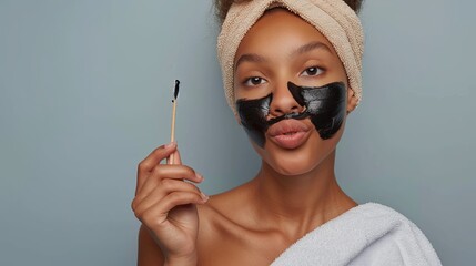 A young woman with light skin is using a cotton swab to remove a black face mask from her lips. She is wrapped in a towel.