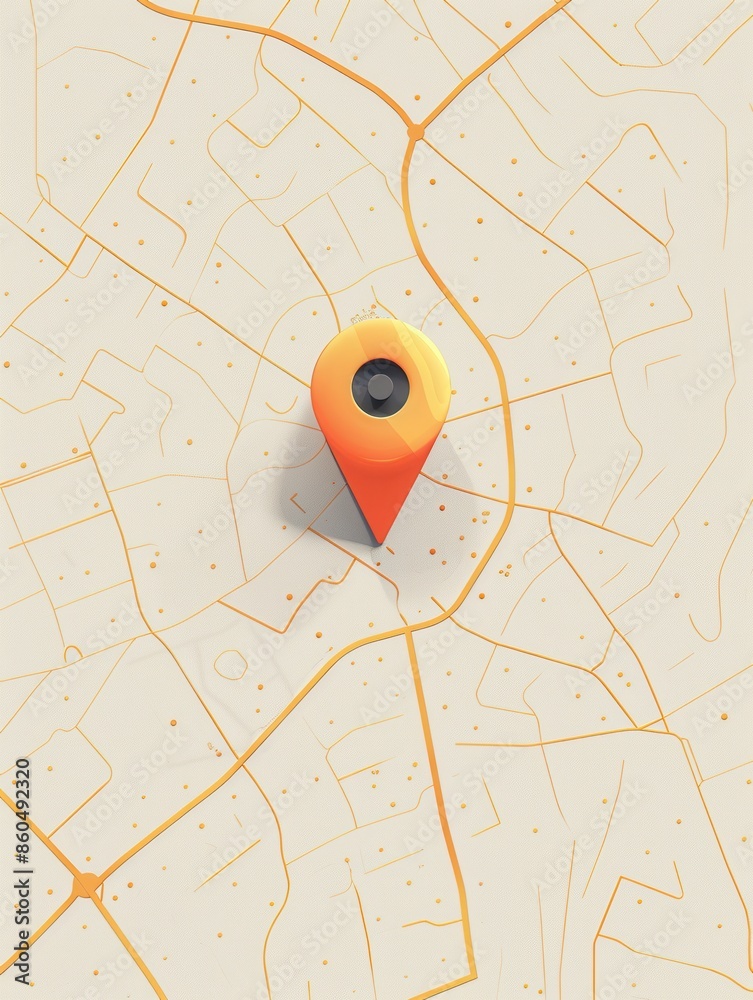Aufkleber a simple, minimalist image of a bright orange location pin on a clean white map with yellow lines re