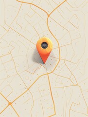 A simple, minimalist image of a bright orange location pin on a clean white map with yellow lines...