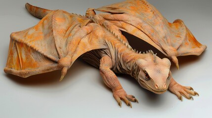 Obraz premium A close-up of a dragon with pale skin and orange wings, resting on a white surface