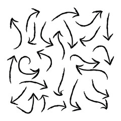 Set of charcoal arrows isolated on white background. Hand drawn chalked pencil doodle symbols. Different black grunge wavy lines, cross, star and check mark freehand vector illustration in eps 10.