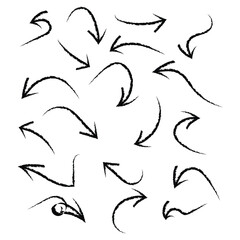 Charcoal hand-drawn pencil arrows. Doodle curved chalk darts. Texture design elements of scribble lines. Vector illustration on white background in eps 10.