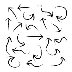 Charcoal hand-drawn pencil arrows. Doodle curved chalk darts. Texture design elements of scribble lines. Vector illustration on white background in eps 10.