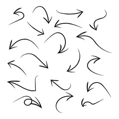 Charcoal hand-drawn pencil arrows. Doodle curved chalk darts. Texture design elements of scribble lines. Vector illustration on white background in eps 10.