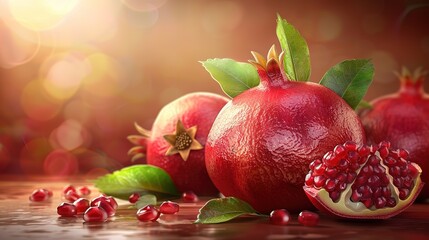 Attractive Front view pomegranate seeds placed in wooden cup with scattered seeds pomegranates
