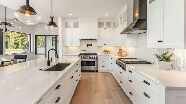 Bright kitchen with white cabinets and tiled backsplash, natural light from windows. It has a built-in oven, a double sink, and a simple design.