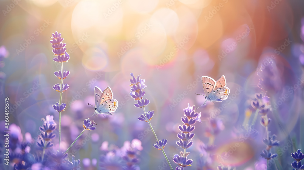 Poster amazing beautiful colorful natural scenery lavender flowers and two butterfly in rays of summer sunl